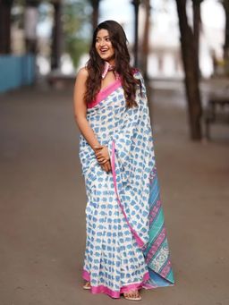 Aparna - White Animal Print Mulmul Cotton Saree Without Blouse