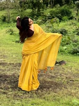 Aparna - Mustard Solid Mul Cotton Saree Without Blouse