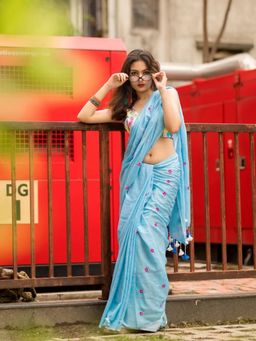 Aparna - Baby Sky Blue Embroidered Mul Cotton Saree Without Blouse