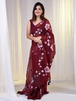 Aparna - Maroon Hand Printed Organza Saree Without Blouse