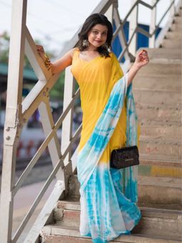 Aparna - Shibori Hand Print Yellow and Sky Blue Mul Cotton Saree Without Blouse