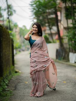 Aparna - Embroidery Work Mauve Mul Cotton Saree Without Blouse