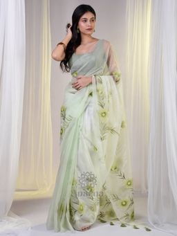 Aparna - Organza Lite Green Floral Print Saree Without Blouse