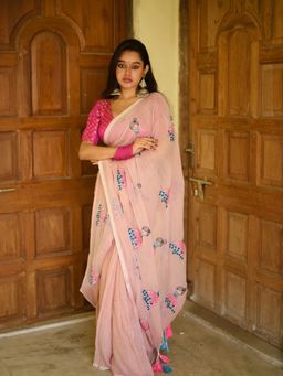 Aparna - Peach Embroidered and Tassel Saree Without Blouse