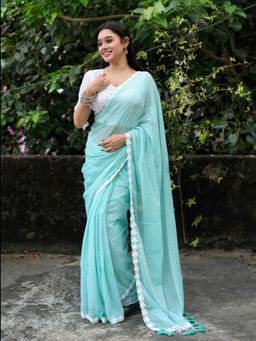Aparna - Baby Sky Blue White Lace Mul Cotton Saree Without Blouse