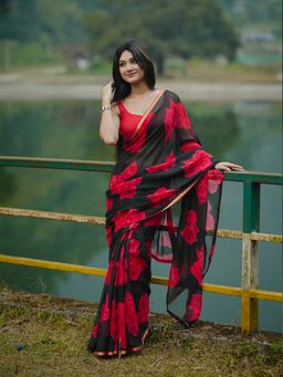 Aparna - Black and Royal Rose Print Georgette Saree Without Blouse