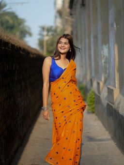 Aparna - Orange Heart Embroidered Saree Without Blouse