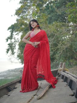 Aparna - Cherry Red Chikankari Mul Cotton Saree Without Blouse