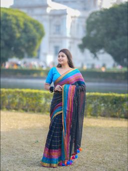 Aparna - Navy Blue Stripes Mul Cotton Saree Without Blouse