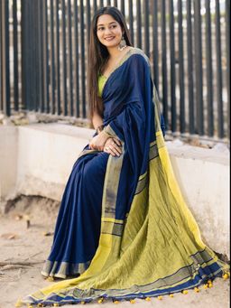 Aparna - Navy Blue Handloom Cotton Saree Without Blouse