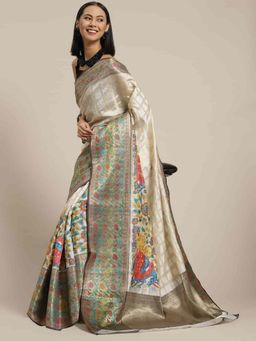 Silk Land - Checks Woven Silk Saree with Unstiched Blouse Piece Off White with Unstitched