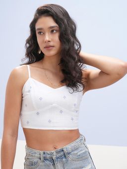 VISHUDH - Women Blue Pure Cotton Schiffli Crop Top