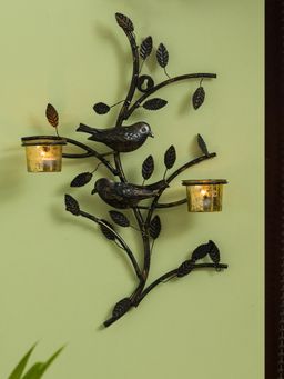 ExclusiveLane - Birds On Branch' Handcrafted Wall Sconce Tea Light Holder In Iron With Glass Holders