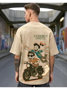 Bewakoof - Men's Ginger Root Brown Dynamic Dosti Graphic Printed Oversized T-shirt
