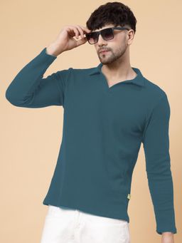 RIGO - Men Teal Cotton Blend Solid Regular Fit Polo T-Shirt