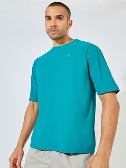 Styli - Men Teal Micro Pique Knit Oversized T-Shirt with Reflective Logo
