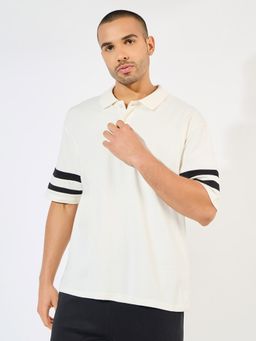 Styli - Men Cream Oversized Heavy Polo T-Shirt with Panel Stripes