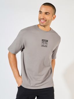 Styli - Men Grey Popeye Character Front and Back Print Oversized T-Shirt