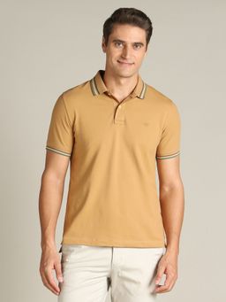 Dockers - Men Solid Beige Polo Neck Classic Fit T-Shirt