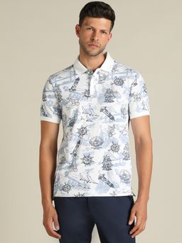 Dockers - Men Printed White Polo Neck Classic Fit T-Shirt