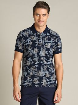 Dockers - Men Printed Blue Polo Neck Classic Fit T-Shirt