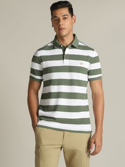 Dockers - Men Striped Green Polo Neck Classic Fit T-Shirt
