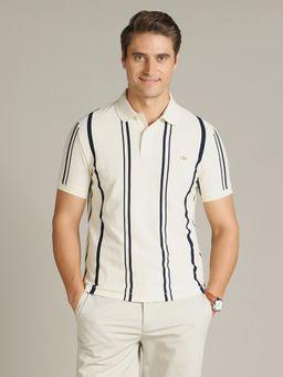 Dockers - Men Striped Beige Polo Neck Classic Fit T-Shirt