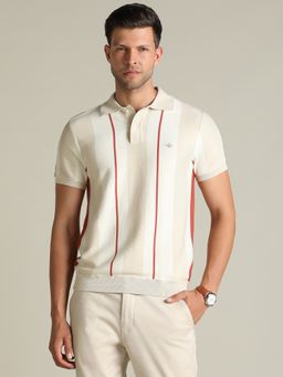 Dockers - Men Striped Beige Polo Neck Classic Fit T-Shirt
