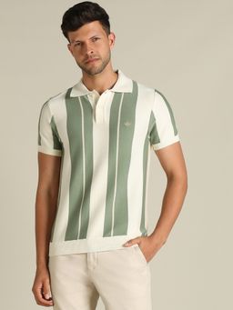 Dockers - Men Striped Beige Polo Neck Classic Fit T-Shirt