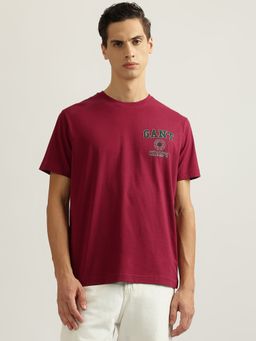 GANT - Men Brick Red Solid Round Neck Short Sleeves T-Shirt
