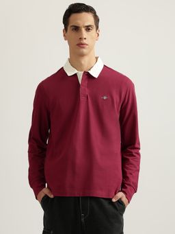 GANT - Men Maroon Solid Collared Full Sleeves Polo T-Shirt