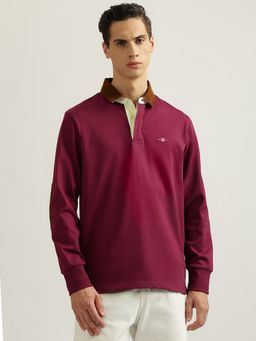 GANT - Men Maroon Solid Collared Full Sleeves Polo T-Shirt