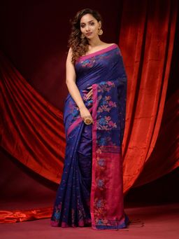 CHARUKRITI - Navy Blue Blended Cotton Ethnic Motifs and Floral Borders Saree with Unstitched Blouse