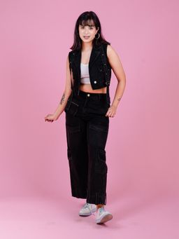COSMIC TRIO - Women Black Denim Solid Co-Ord Set