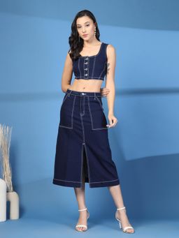 COSMIC TRIO - Women Navy Blue Denim Solid Shirt with Skirt
