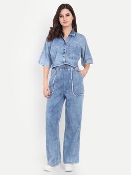 COSMIC TRIO - Women Blue Denim Solid Co-Ord Set