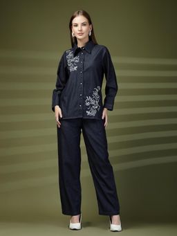 COSMIC TRIO - Women Blue Denim Embroidered Co-Ord Set