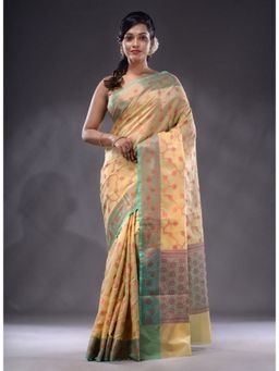 CHARUKRITI - Beige Handwoven Banarasi Silk Saree With Unstitched Blouse