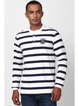 Peter England - Men White Stripe Henley Neck Round Neck T-Shirt