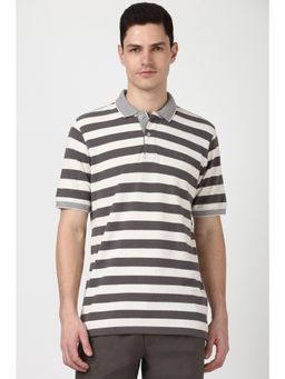 Peter England - Men White Stripes Polo Neck Polo T-Shirt