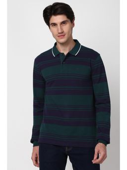 Peter England - Men Green Stripes Polo Neck Polo T-Shirt