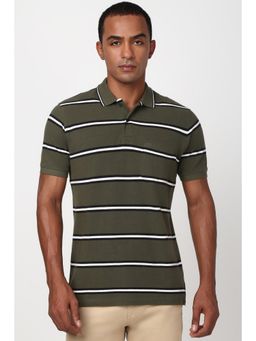 Peter England - Men Olive Stripes Polo Neck Polo T-Shirt