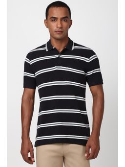 Peter England - Men Black Stripes Polo Neck Polo T-Shirt