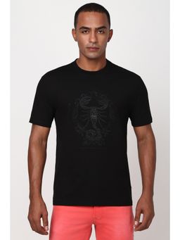 Peter England - Men Black Embroidered Round Crew Neck Round Neck T-Shirt