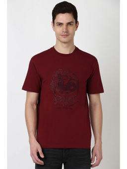 Peter England - Men Maroon Embroidered Round Crew Neck Round Neck T-Shirt