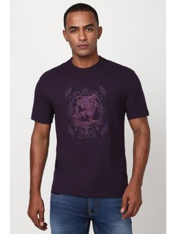 Peter England - Men Purple Embroidered Round Crew Neck Round Neck T-Shirt