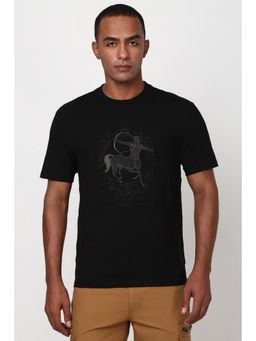 Peter England - Men Black Embroidered Round Crew Neck Round Neck T-Shirt