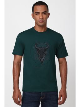 Peter England - Men Green Embroidered Round Crew Neck Round Neck T-Shirt