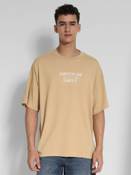 American Eagle - Men Beige Oversized Logo Graphic T-Shirt