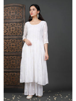 Tjori - Embroidered Kalidar White Kurta & Sharara (Set of 2)